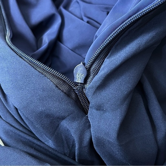 MARCHESA Navy Taffeta Ruffled Shoulder V-Neck Ruched Waist Low Back Ball Gown 4 - Picture 13 of 13